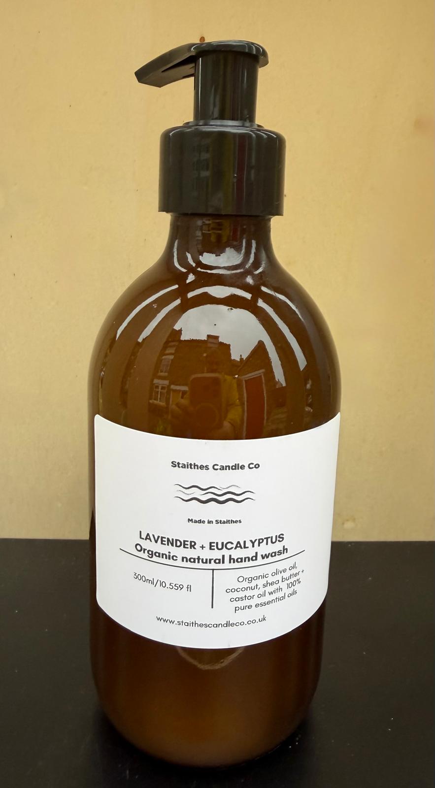 lavender & eucalyptus organic hand wash amber glass bottle with black pump