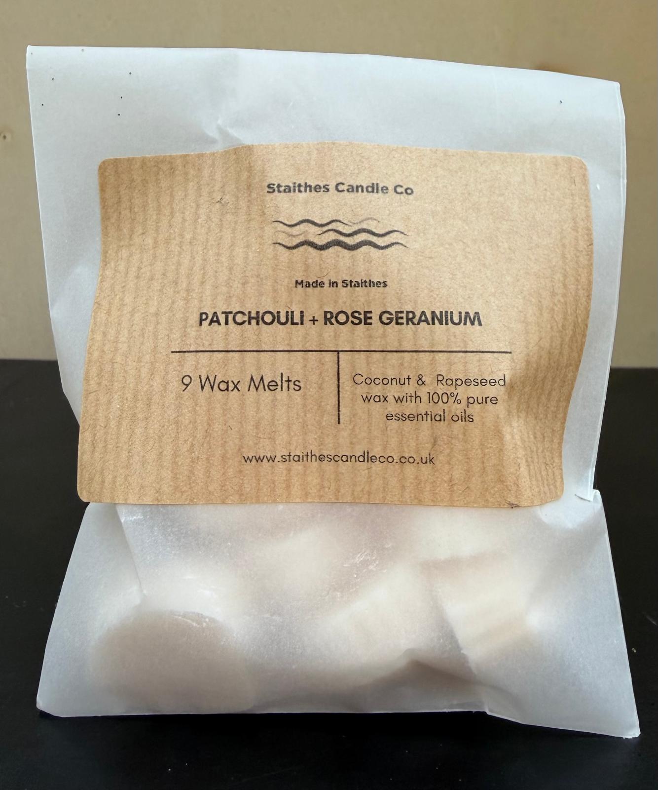 patchouli & rose geranium wax melts in white gasoline bag with brown label pack of 9
