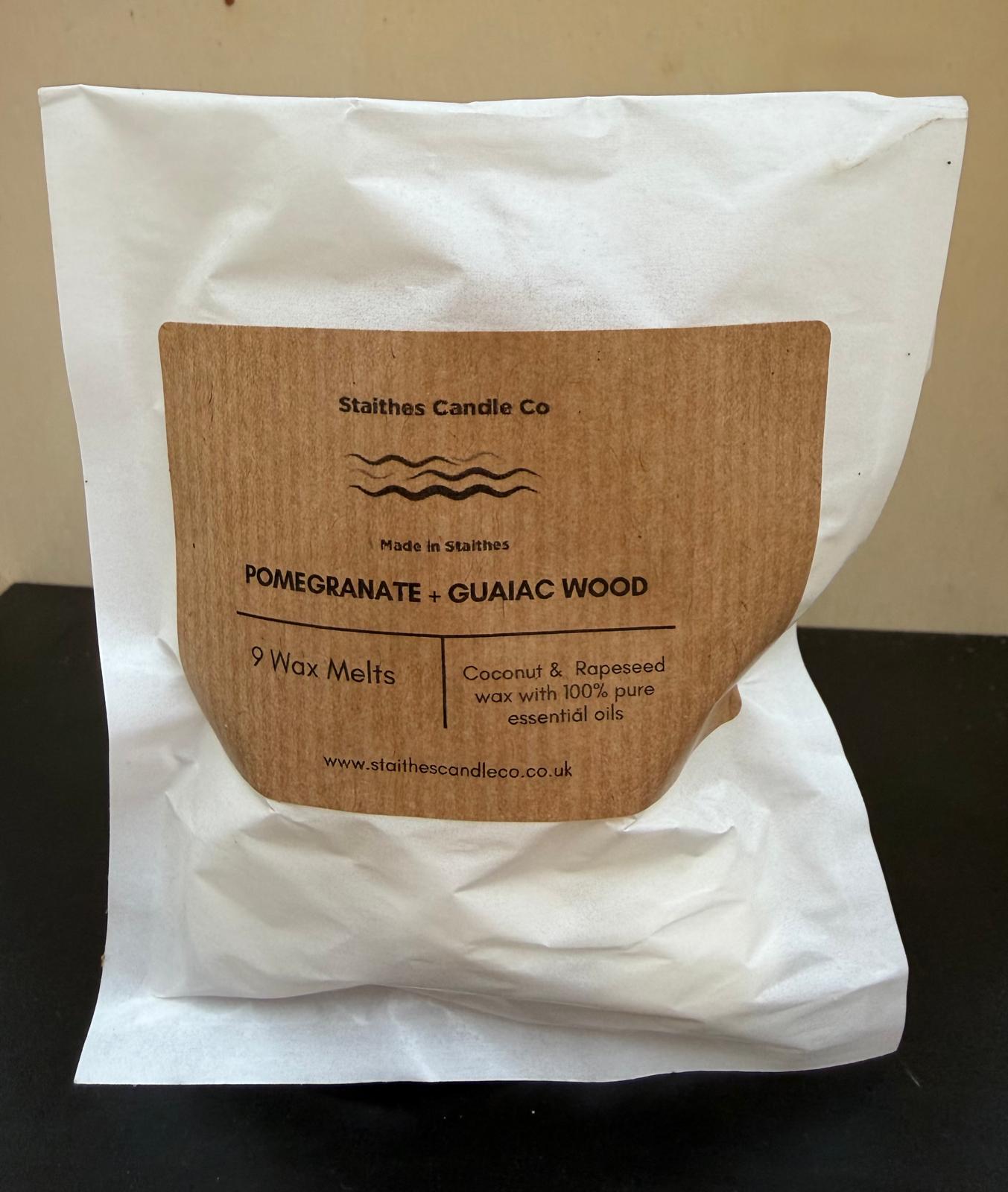 pomegranate & guaiac wood wax melts pack of 9 white gasoline bag with brown label