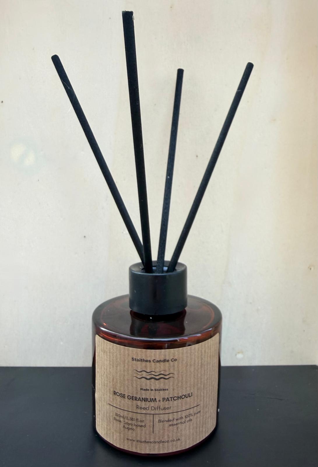 Rose Geranium & Patchouli diffuser amber glass jar, Black screw top and 5 black diffuser reeds