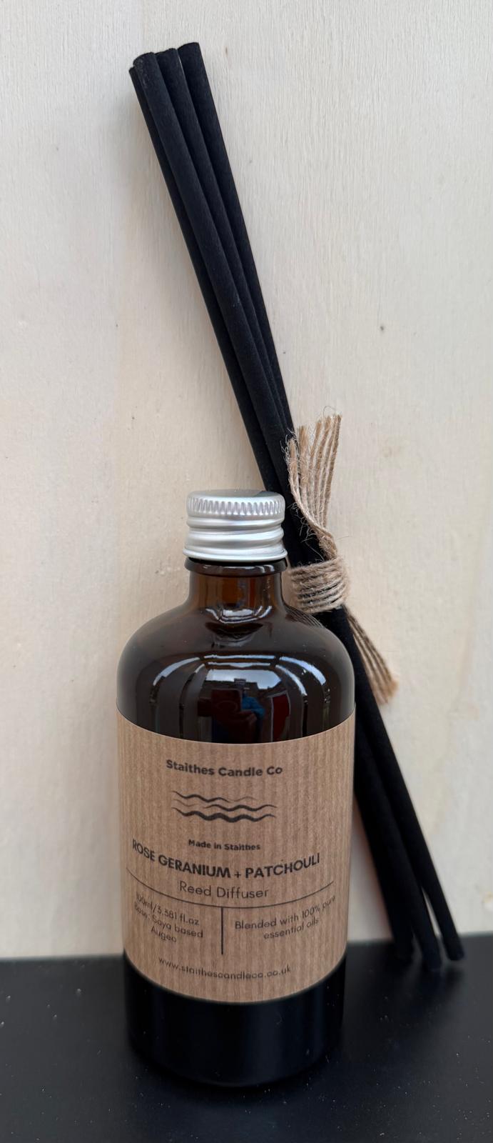 rose geranium & patchouli reed refill amber glass bottle with pack of reeds