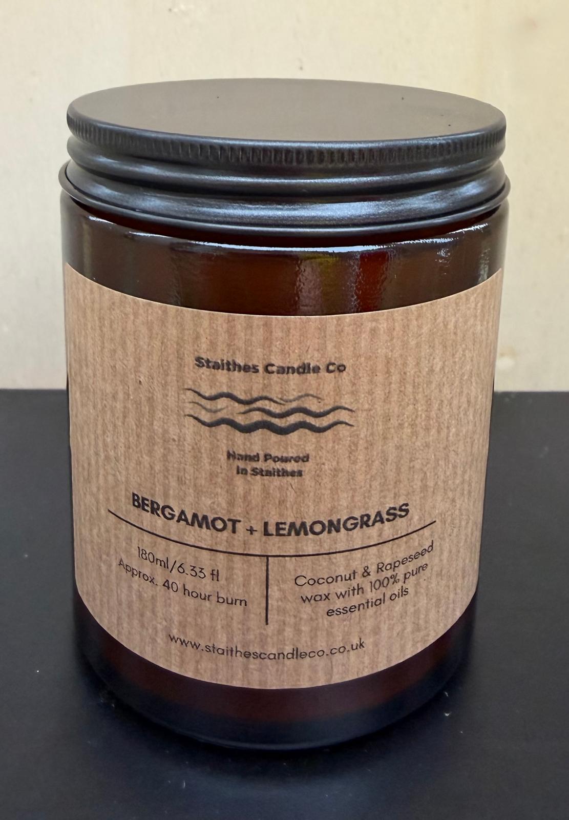 bergamot & lemongrass amber glass candle jar with black lid