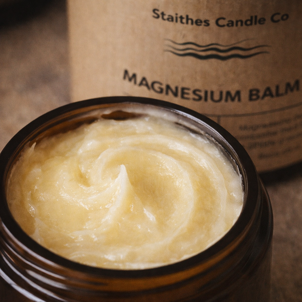 Jar of magnesium balm with Staithes Candle Co packaging in the background