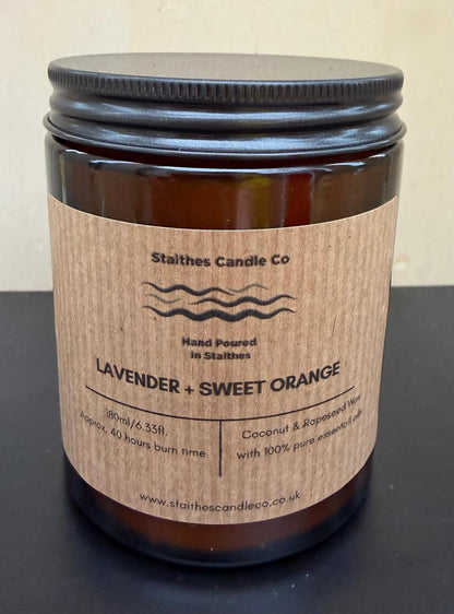 amber glass candle jar brown label with black lid