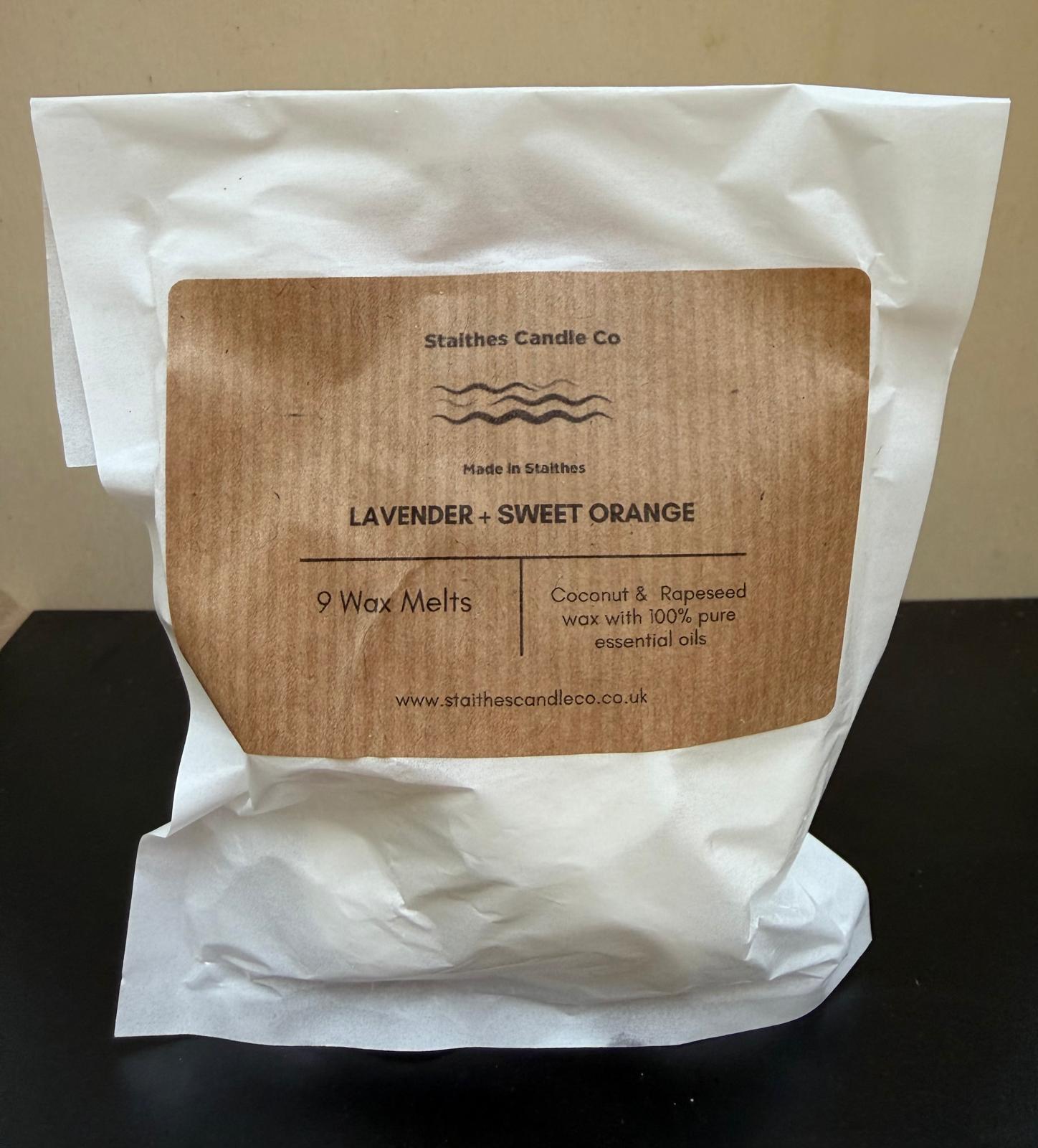 White gasoline packaging with a brown label for Stathes Candle Co lavender sweet orange wax melts pack of 9 