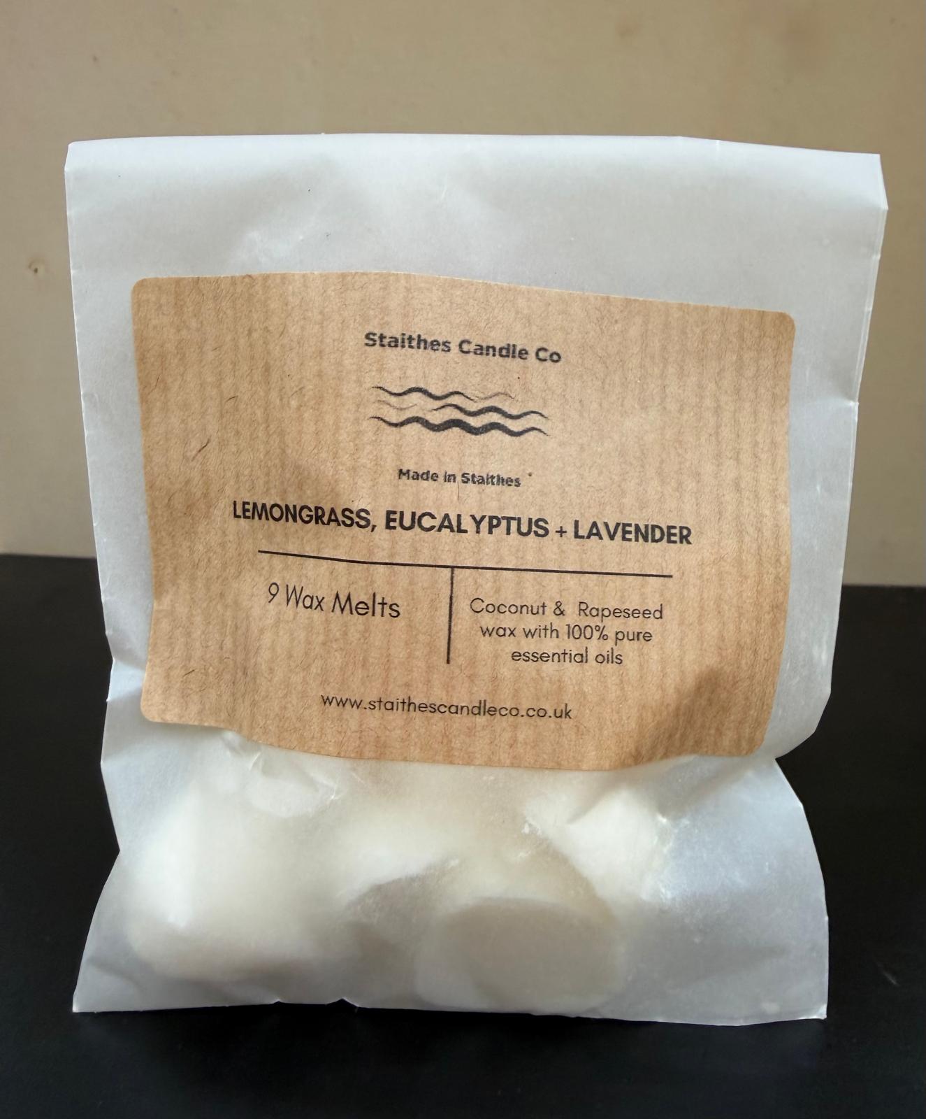 lemongrass, eucalyptus & lavender wax melts pack of 9 white gasoline bag with brown label
