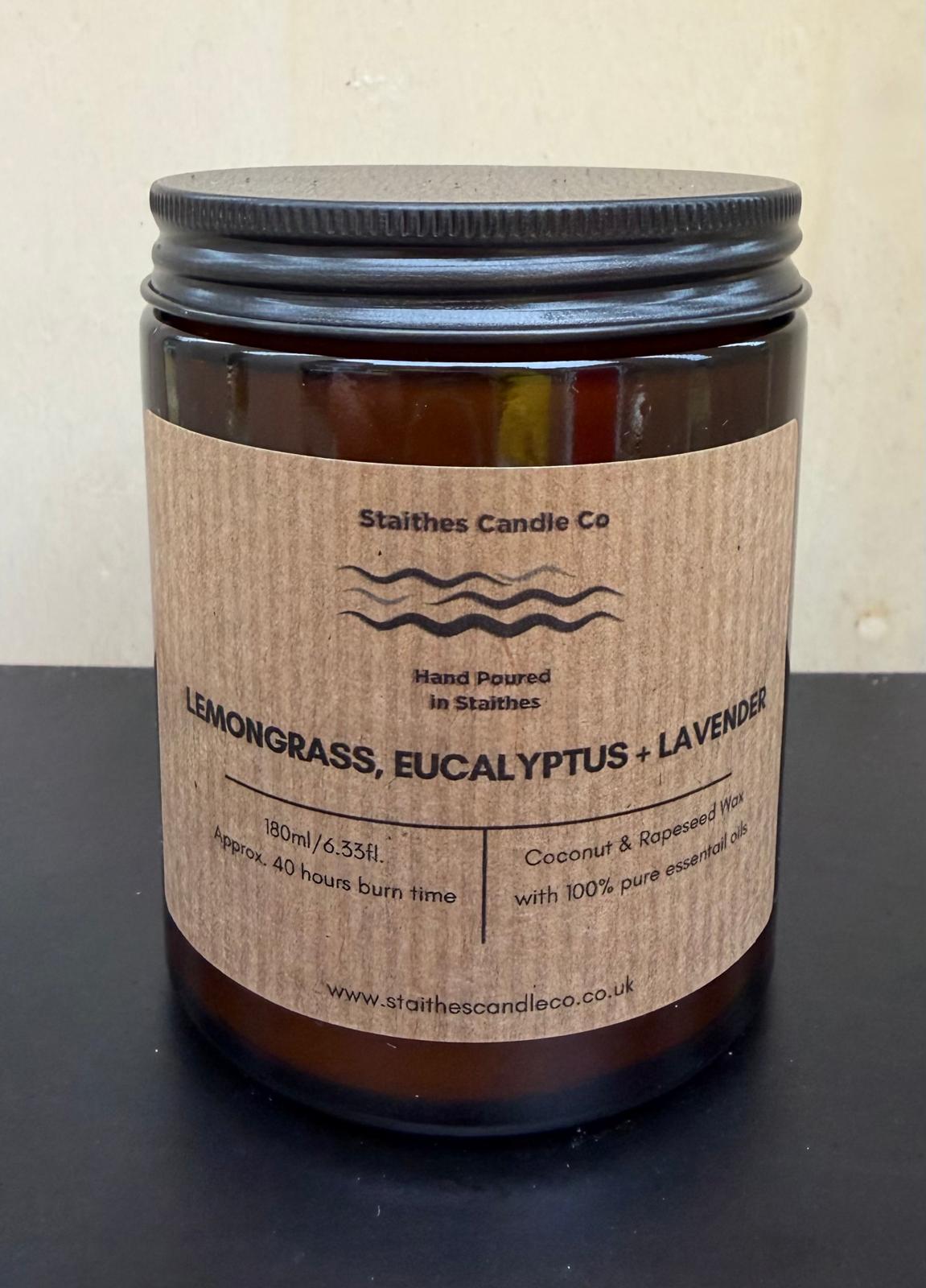 lemongrass eucalyptus & lavender amber glass candle jar with black aluminium lid