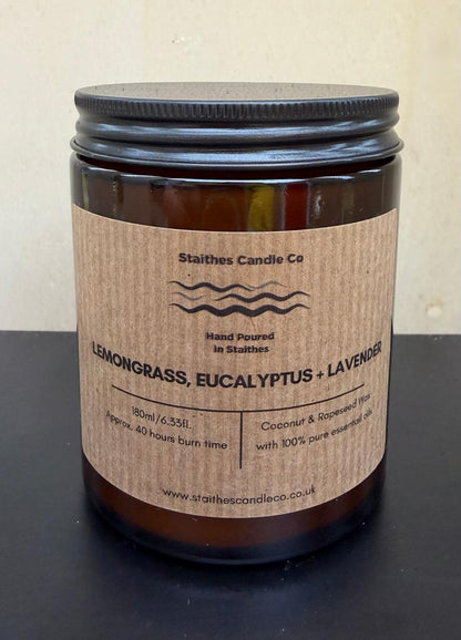 lemongrass eucalyptus & lavender amber glass candle jar with black aluminium lid