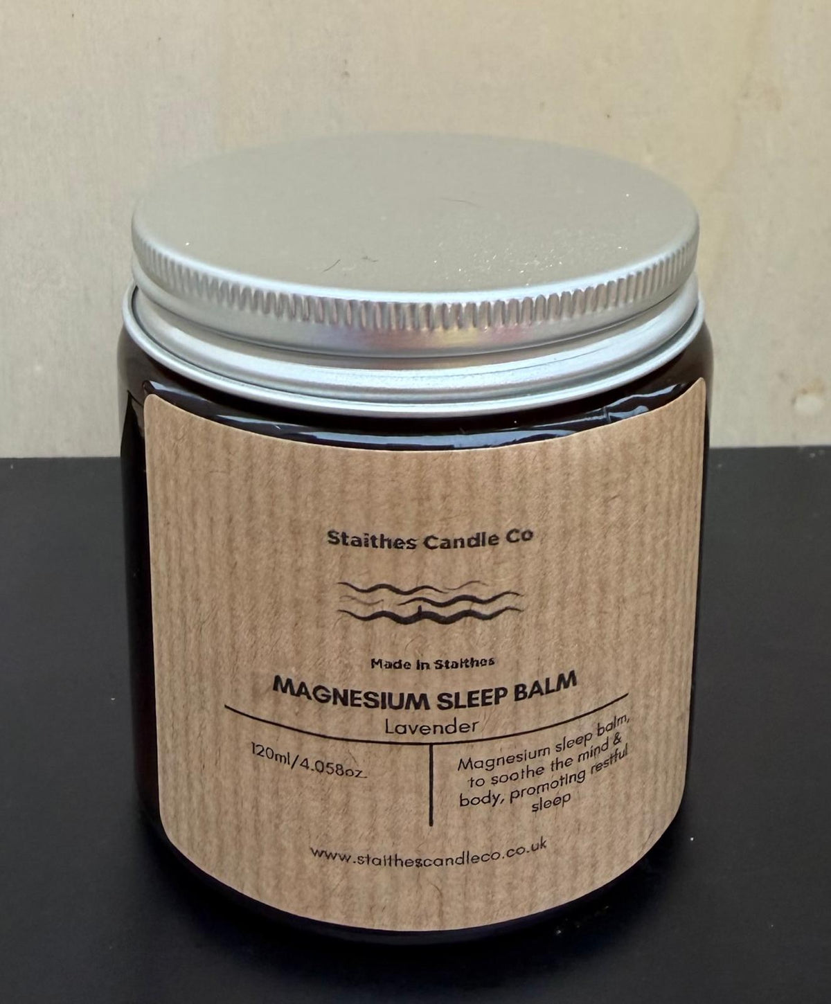 Staithes Candle Co magnesium sleep balm with lavender in amber glass jar (120ml)