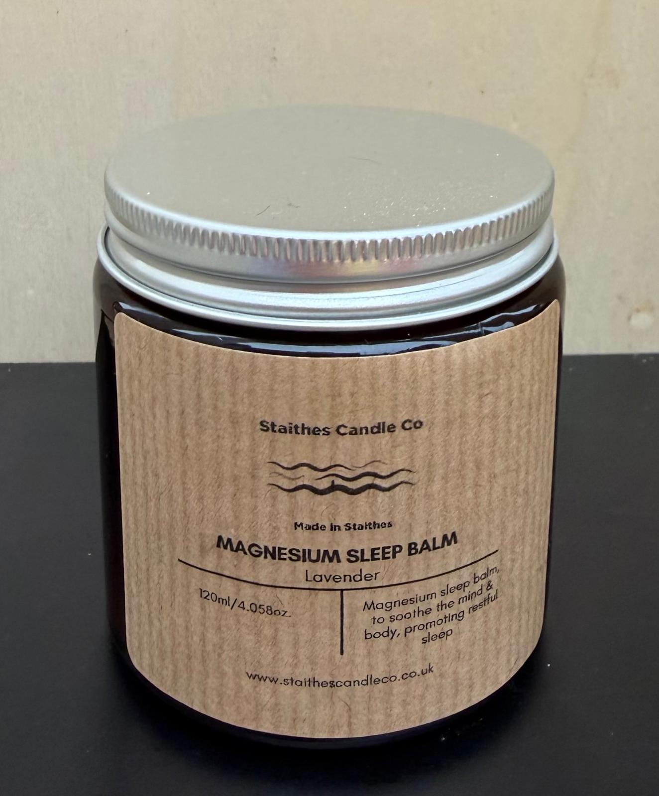 jar of magnesium sleep balm amber glass bottle with silver lid