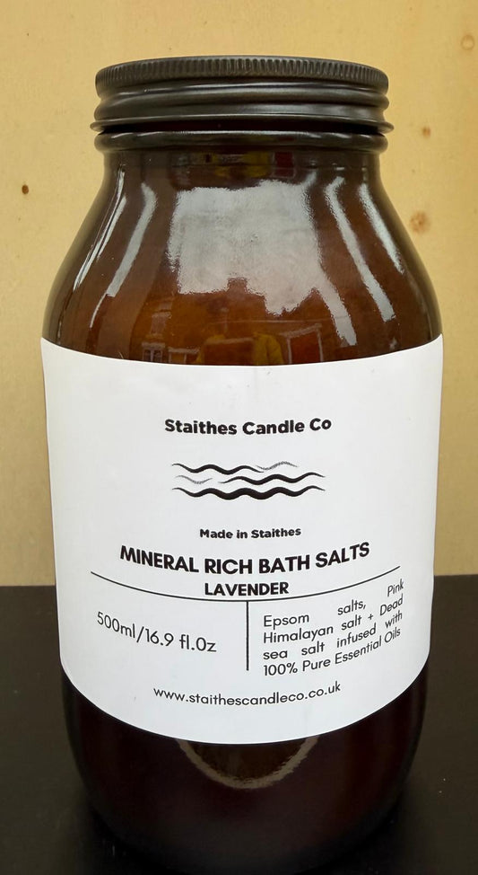 mineral rich bath salts with lavender essential oil amber glass bottle 500ml with black lid