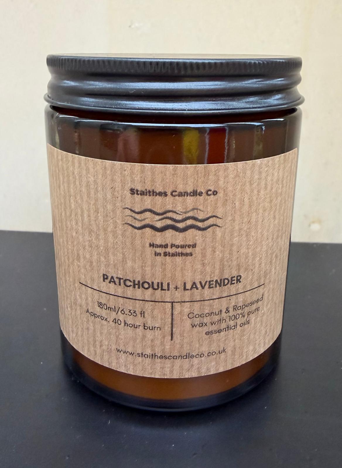 patchouli & lavender amber glass candle jar with black lid