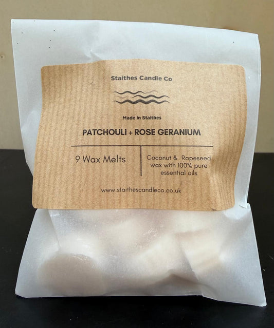 patchouli & rose geranium wax melts in white gasoline bag with brown label pack of 9