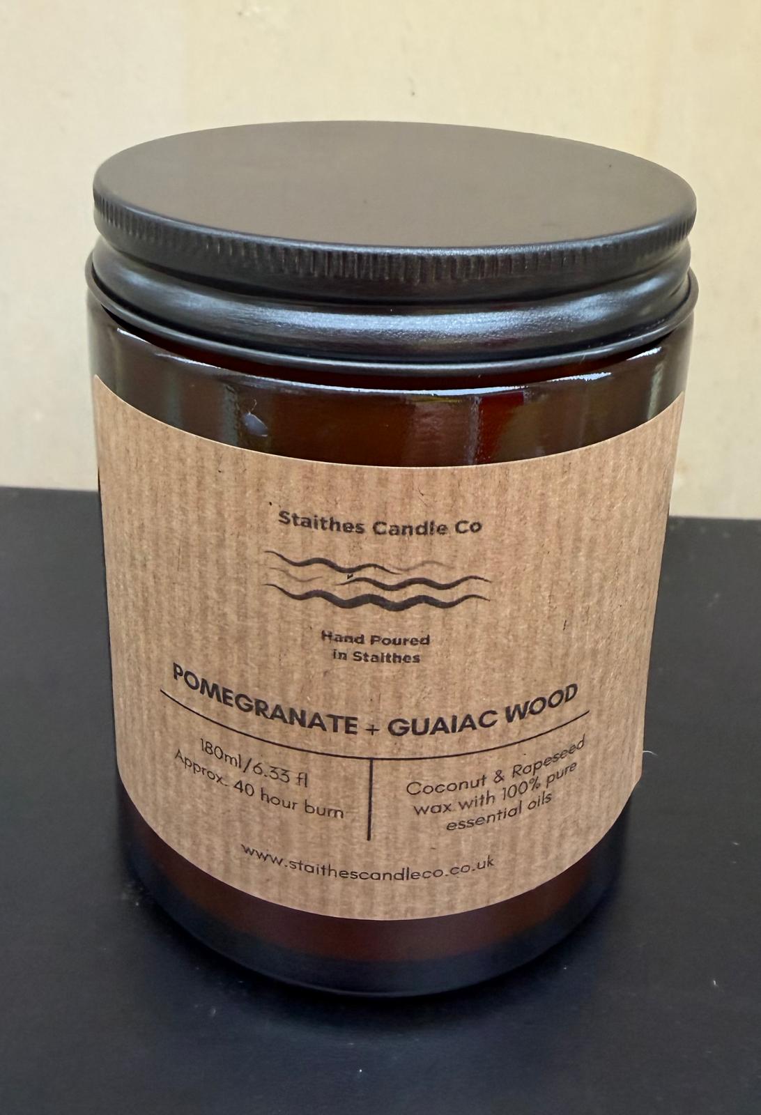 pomegranate & guaiac wood amber glass candle jar with black aluminium lid