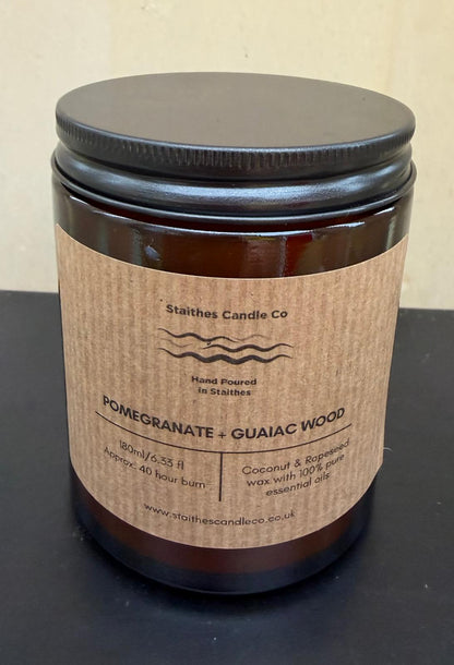 pomegranate & guaiac wood amber glass candle jar with black aluminium lid