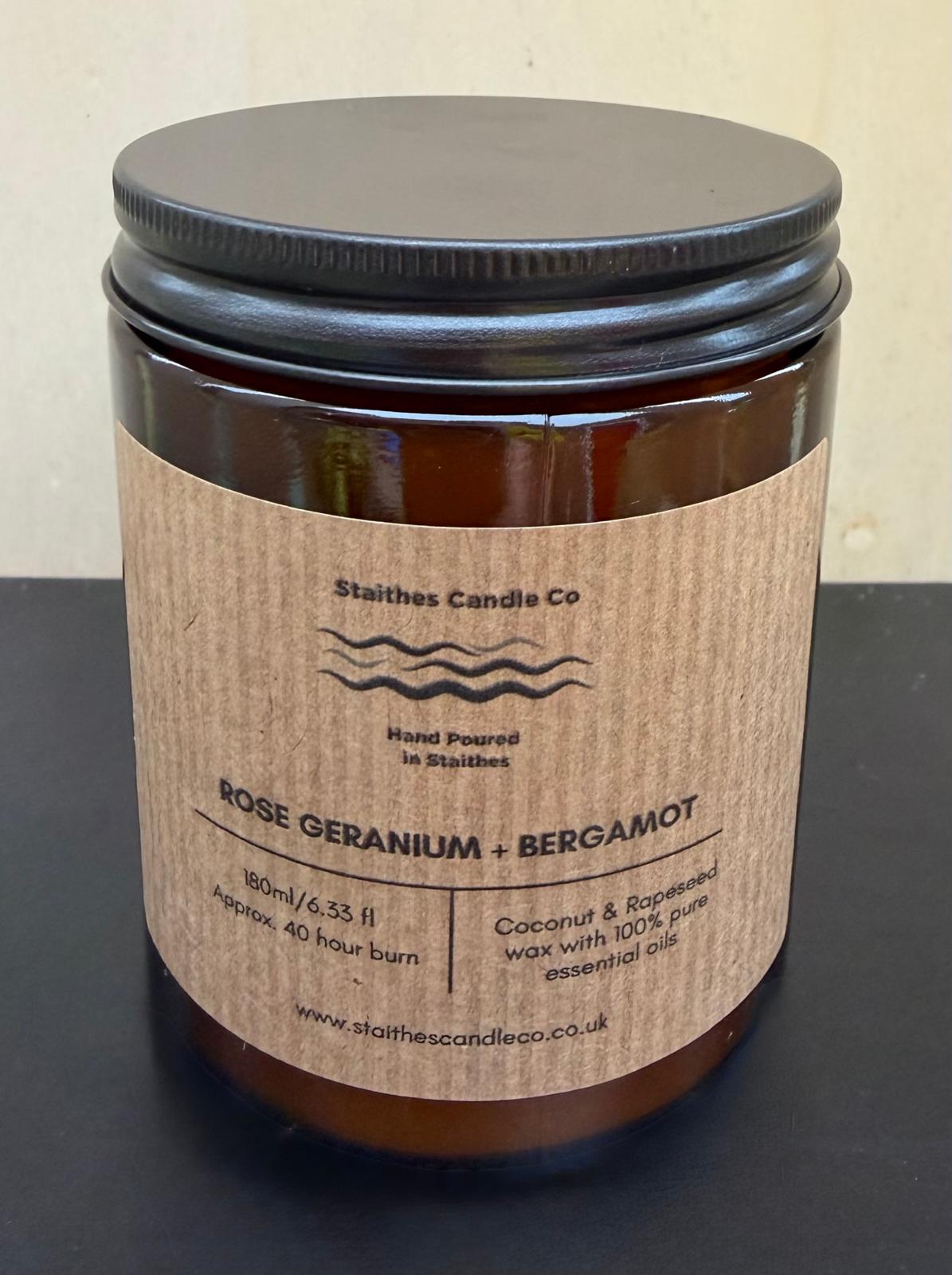 rose geranium & bergamot glass amber jar brown label with black lid