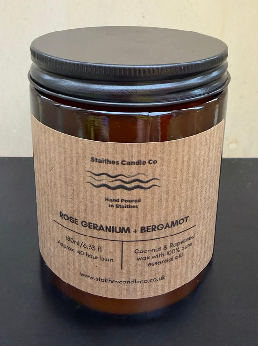 rose geranium & bergamot glass amber jar brown label with black lid