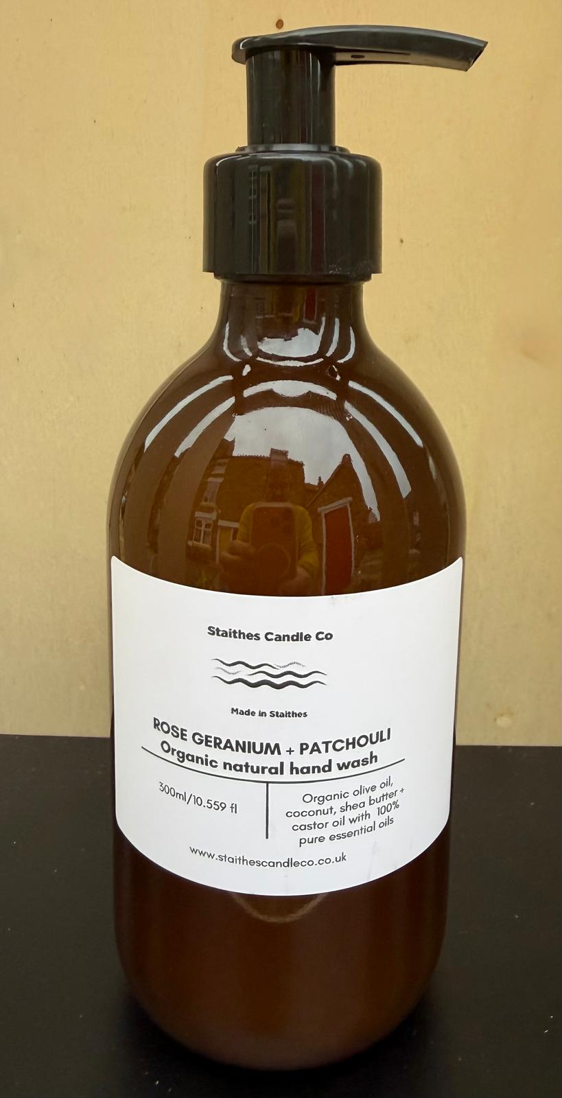 rose geranium & patchouli organic hand wash glass amber bottle with black pump