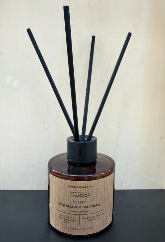 Rose Geranium & Patchouli diffuser amber glass jar, Black screw top and 5 black diffuser reeds
