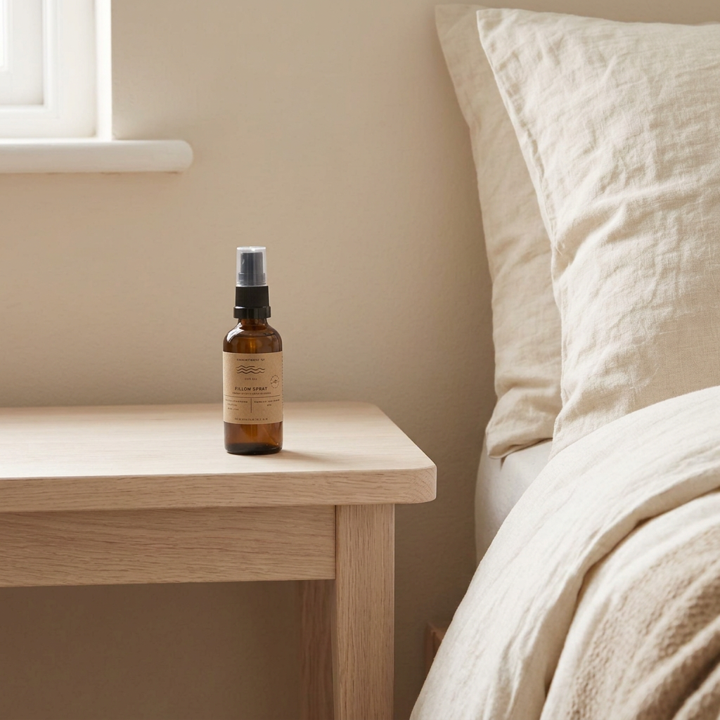 Closer view of the Pillow Spray on the bedside table