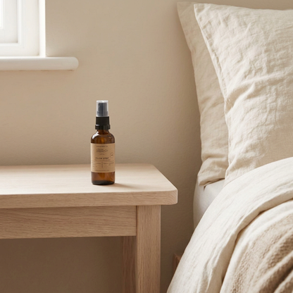 Closer view of the Pillow Spray on the bedside table