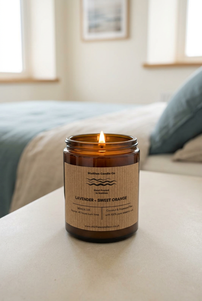 Lit Lavender & Sweet Orange candle in a coastal bedroom
