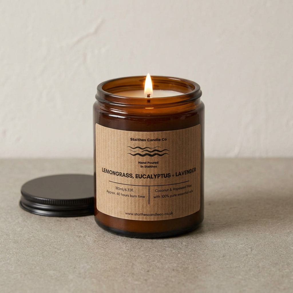 Subtle lit Lemongrass, Eucalyptus and Lavender candle