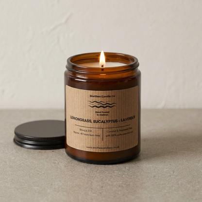 Subtle lit Lemongrass, Eucalyptus and Lavender candle