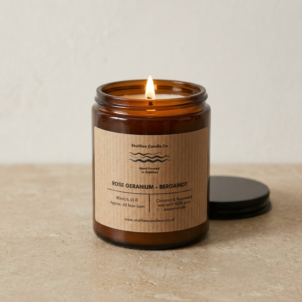 Subtle lit Rose Geranium and Bergamot candle