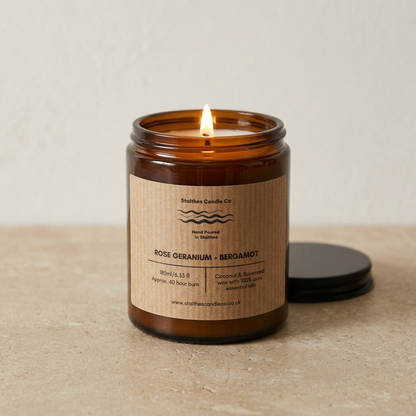 Subtle lit Rose Geranium and Bergamot candle