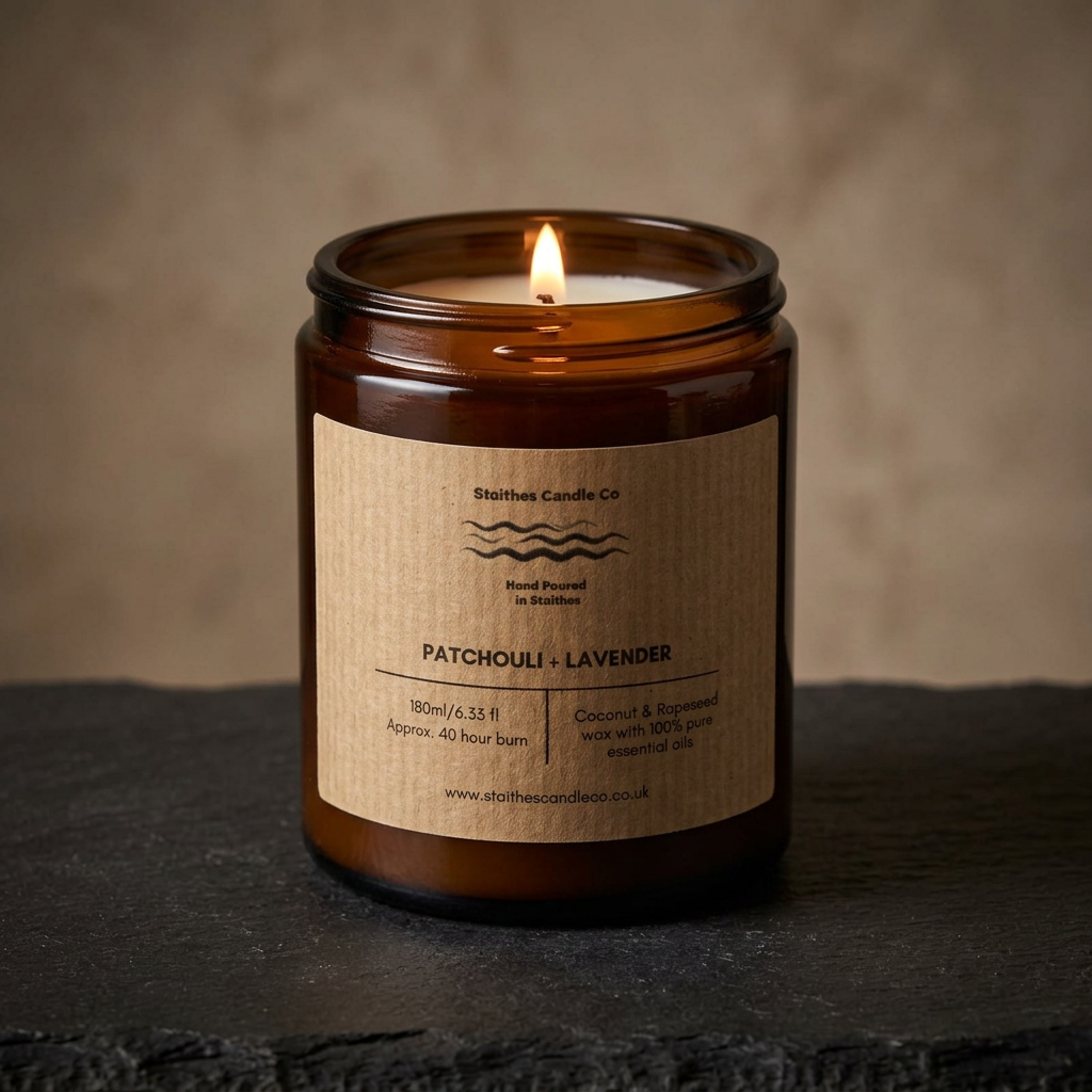 Warm lit Patchouli & Lavender candle